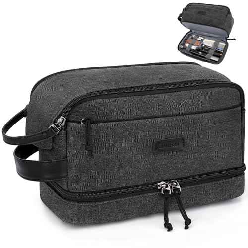 ZOMFELT Travel Toiletry Bag for Men, Canvas Hanging Toiletry Bag Shaving Dopp Kit Water Resistant Bathroom Shower Bag with Double Layer, Makeup Cosmetic Hygiene Bag for Toiletries Accessories, Black
