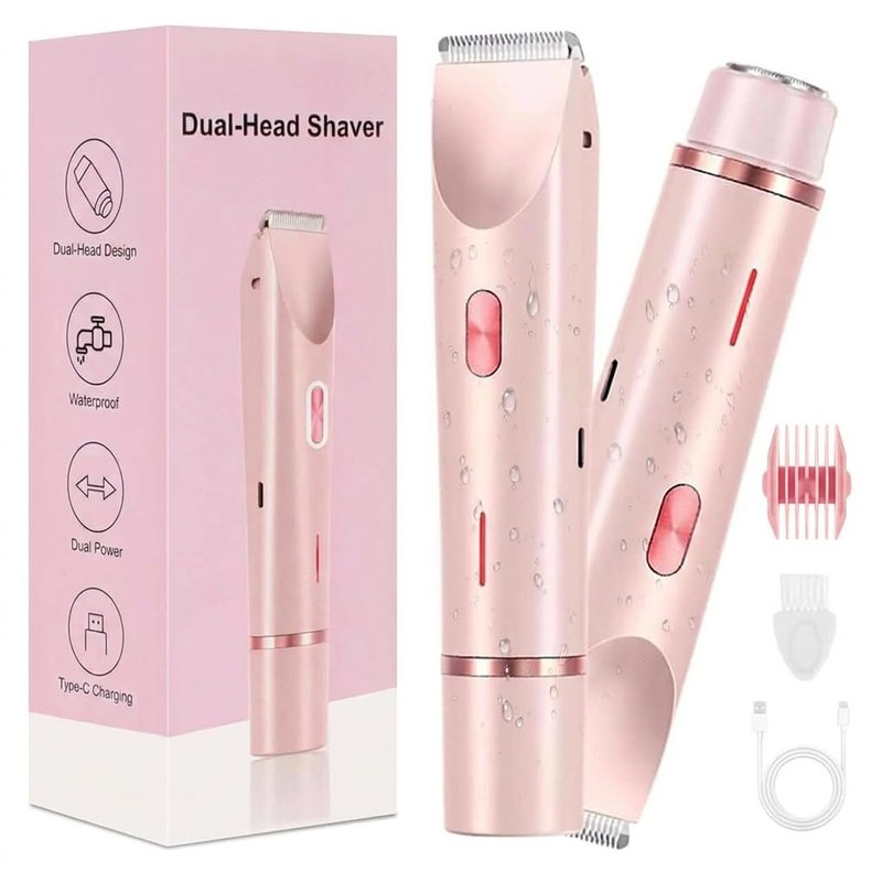 Bikini Trimmer for Women-2 in 1 Dual Head Bikini Shaver & Body Shaver,IPX7 Cordless & Waterproof Electric Shaver Wet & Dry Use,Painless Hair Removal,Ceramic Blade, Ultra Low Silent(Pink)