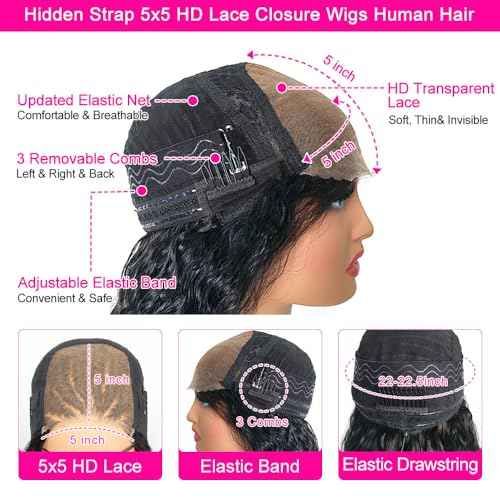Hidden Strap Deep Wave 5x5 HD Lace Closure Wigs Human Hair Invisible Strap Pre Plucked Pre Cut Bleached Konts Glueless Wigs Human Hair 180% Denisty Deep Curly Closure Wigs with Drawstring 22 inch