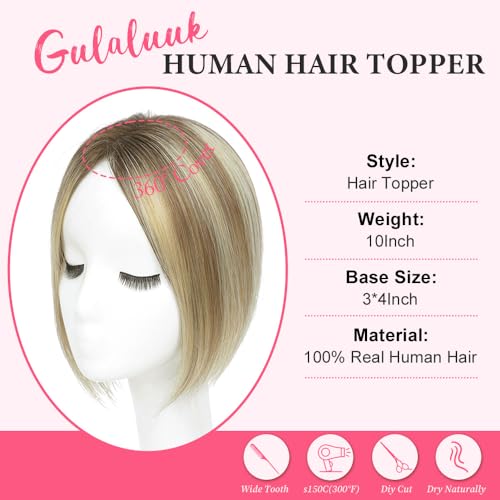 Hair Toppers for Women Real Human Hair Topper for Women with No Bangs Hairpieces 10 Inch Swiss Base 3D 360¡Æ Cover Comfortable and Breathable (Ombre Light Brown with Blond Highlight)