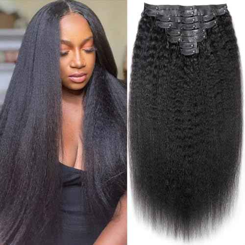 Seamless Kinky Straight Clip Ins Hair Extension Real Human Hair 18 Inch PU Kinky Straight Clip In Hair Extensions Human 8 Pcs/120g(18inch,Natural Black)
