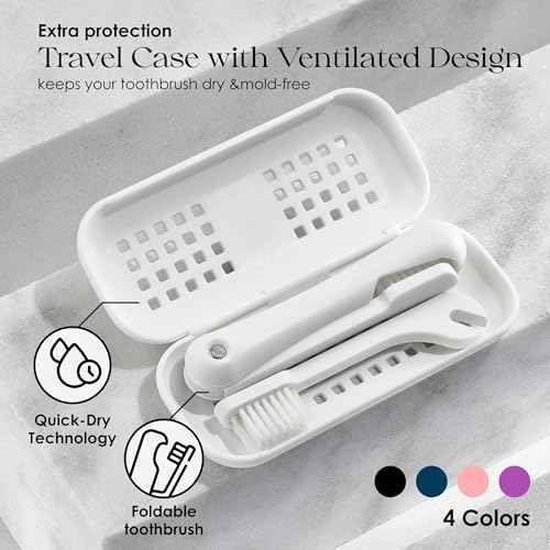 Minibox Folding Travel Toothbrush | 1 Pk w/ 2 Extra Replaceable Brush Heads | Comes with Dual-Length Bristles & Case| Compact Mini Design for Business Trips, Camping, & Outdoor Activities| Blue
