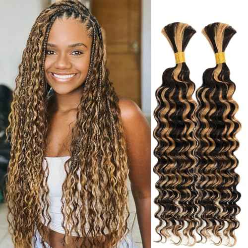 Human Braiding Hair 2 Bundles 100g 26Inch Deep Wave Bulk Human Hair for Braiding No Weft Curly Braiding Hair Bulk Curly Human Hair for Boho Braids 12A Brazilian Virgin Hair Extensions 1B/27