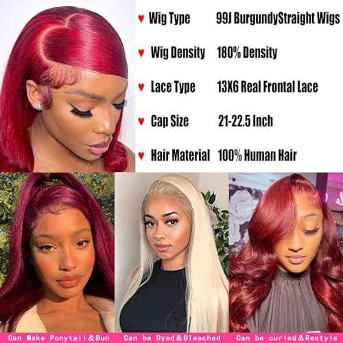 24inch 99j Burgundy Lace Front Wigs Human Hair 13x6 HD Straight Glueless Lace Frontal Wigs for Women 180% Density Pre Plucked with Baby Hair Wine Red Wigs Human Hair