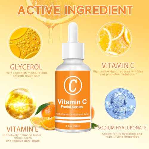 Premium 20% Vitamin C Serum for Face with Vitamin E, Sodium Hyaluronate - Boost Skin Collagen,Hydrate & Plump Skin, Anti Aging & Wrinkle Facial Serum (1 Fl Oz, Scented)