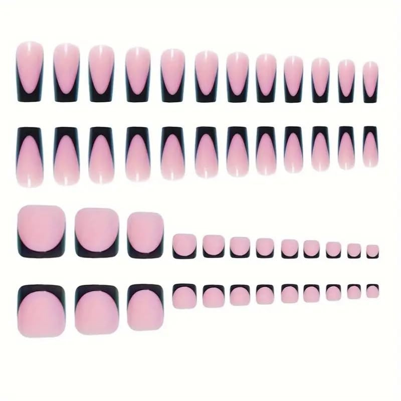 Skiennix 60Pcs Black French Tip Press-On Nails Set | Medium Square Fake Nails for Women