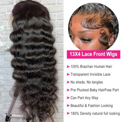 Deep Wave Lace Front Wigs Human Hair Pre Plucked 13x4 HD Transparent Lace Frontal Wigs Human Hair 180% Density Glueless 18 Inch Curly Wigs for Black Women Bleached Knots