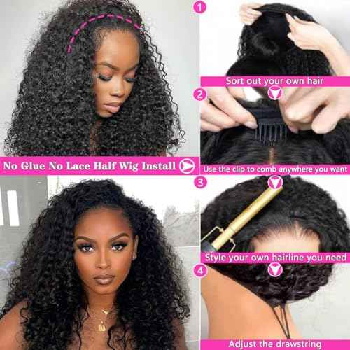 Half Wig Human Hair 200% Density Water Wave Glueless Wigs Human Hair 3 In 1 Drawstring Seamless Flip Over with Adjustable String Invisible Hairline Beginner Friendly Headband Wig 20 Inch