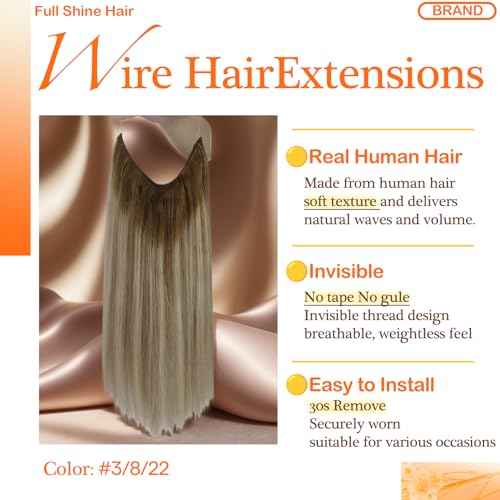 Full Shine Wire Hair Extensions Real Human Hair Balayage Walnut Brown to Light Brown Mix Light Blonde Invisible Wire Hair Extensions Natural Straight Hairpiece Remy Human Hair Extensions 18 Inch 80g