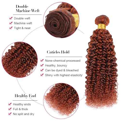 P33/350 Bundles Ombre Ginger Brown Kinky Curly Human Hair Bundle Two Tone Color 33 Auburn Mixed With Orange Bundle Highlight Copper 3 Bundles 16 18 20 Inch