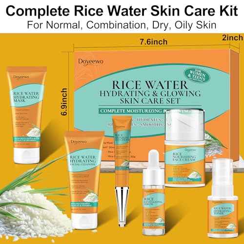 Skin Care Set,6Pcs Women Teen Glass Skincare w/Korean Rice Extract,Hydrate Glow Repair Anti-Aging Facial Routine Kit Gift for Women Mom Wife Teenage Girl Trendy Stuff Christmas Gifts Stocking Stuffers