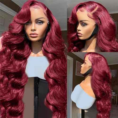 Body Wave 99j Burgundy 13x4 Lace Front Wig Human Hair 180% Density Glueless Burgundy Red Wigs Human Hair 99j Body Wave Wigs for Women 24 Inch