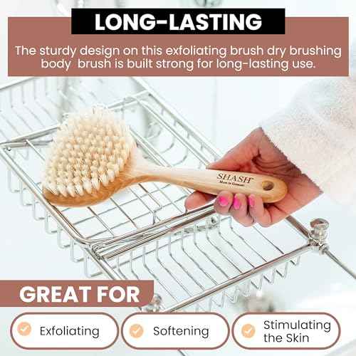 SHASH Since 1869 Hand Made in Germany - Smooth 100% Boar Bristle Body Brush, Gently Exfoliates Skin for a Softer, Smoother Complexion, Dry Brush Body Scrubber Promotes Circulation for a Healthy Glow
