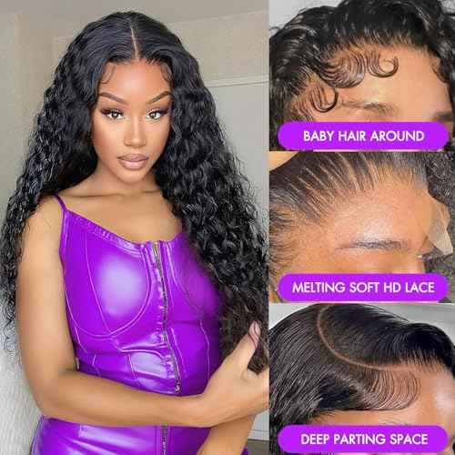 30 Inch Deep Wave Lace Front Wigs Human Hair 200 Density 13x6 HD Lace Front Wigs for Black Women Curly Human Hair Pre Plucked Natural Color Glueless Deep Curly Wig