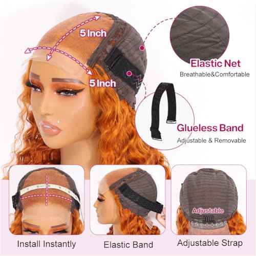 Curly Bob Wig Human Hair Deep Wave 200% Density 5x5 HD Lace Closure Wigs Human Hair Bob Wigs For Black Women Wear And Go Glueless Curly Wig Ginger Color 14 Inch
