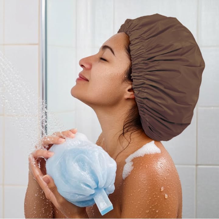 Skiennix Reusable Shower Cap - Large Waterproof Bonnet with Elastic Band for Long, Curly Hair | Brown
