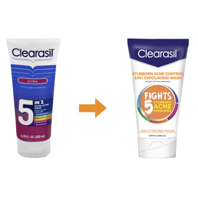 Clearasil Stubborn Acne Control 5in1 Exfoliating Wash, Maximum Strenght with 2% Salicylic Acid Acne Treatment Medicine, Daily Acne Facial Cleanser 6.78 fl oz