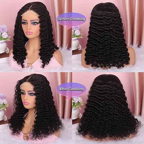 Curly BOB Wig Human Hair 200 Density 5x5 HD Lace Closure Deep Wave Wigs for Black Women Glueless Wear and Go Pre Plucked Deep Wave Wet and Wavy Glueless Wigs Human Hair Natural Black 18 Inch
