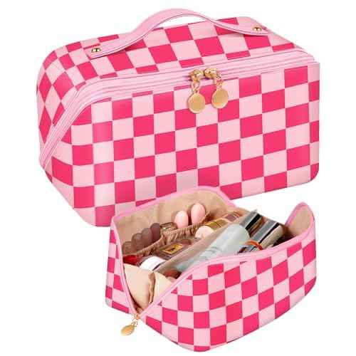 Bistup Makeup Bag Travel Cosmetic Bag Toiletry Make Up Bags Cute Women Large Capacity Big Medium Leather Checkered Plaid Hotpink Aesthetic Girl Teen Teenage Foldable Expandable Open Flat Zip
