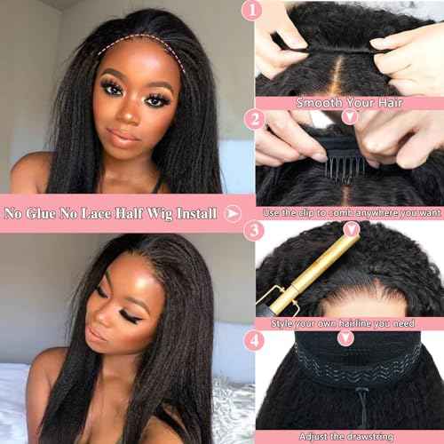 Nvnvdij Kinky Straight Half Wig Human Hair 200 Density 3 in 1 Seamless Flip Over Beginner Friendly Half Wigs 20 Inch
