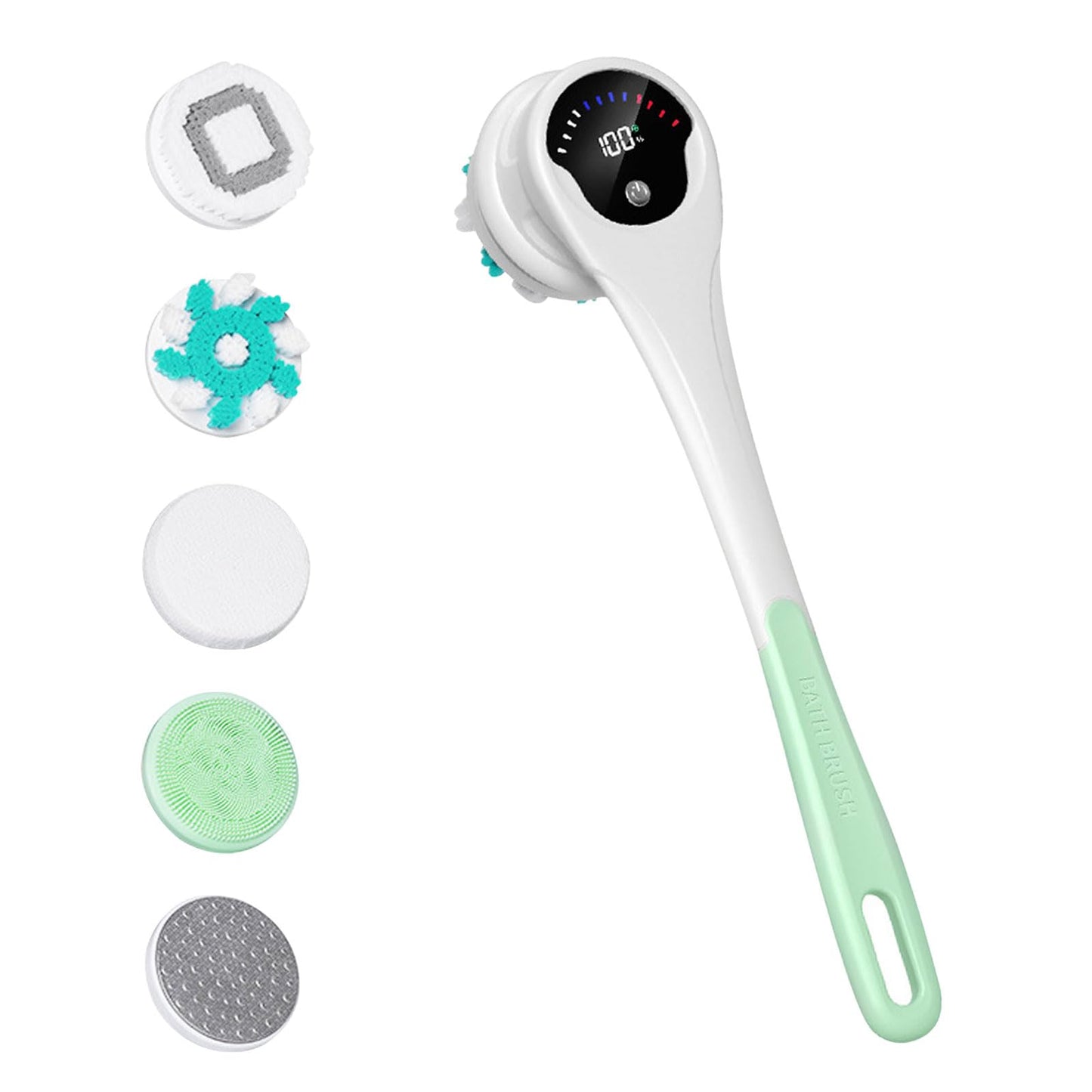 Electric Body Brush, 5 in 1 Cordless Rechargeable Bath Brush, 3 Speed Silicone Body Scrubber, LCD Display Detachable Rotating Body Brushes, Waterproof Back Brushes for Clean Exfoliate Massage (Green)