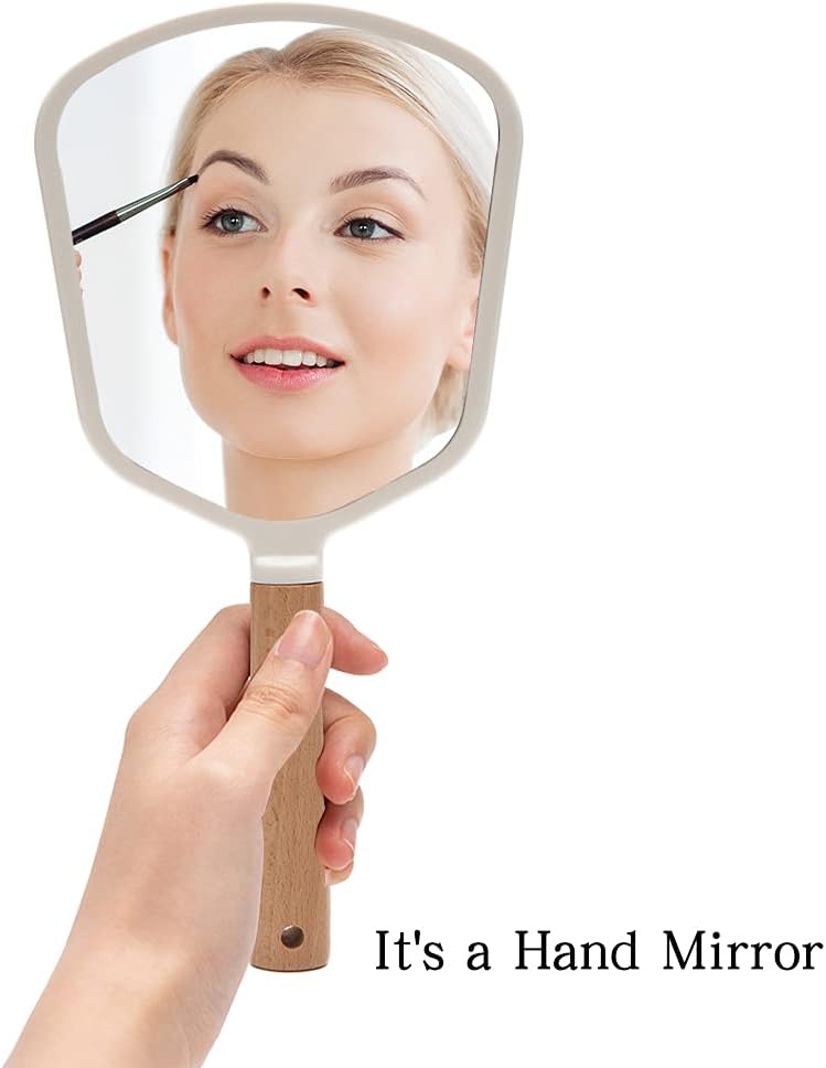 YEAKE Hand Held Mirror with Handle for Makeup,Small Cute Wood Hand Mirror for Shaving with Hole Hanging Single-Sided Portable Travel Vanity Mirror for Men&Women(Fanshape)
