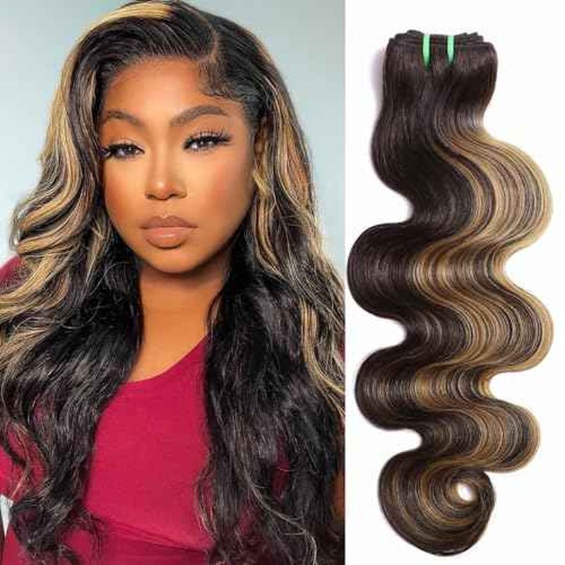 #F1B/27 Human Hair Bundles 13A Double Drawn Bundle Body Wave 24 Inch, Thick Honey Blonde Highlight Sew In Bundles 100% Unprocessed Remy Hair Colored Ombre Single Bundle Quick Weave Extension