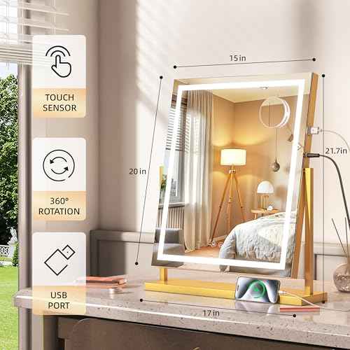 Hasipu Vanity Mirror with Lights, 17" x 22" LED Makeup Mirror, Light up Mirror with Smart Touch 3 Color Modes and Brightness Adjustment, 10X Magnifying Glass,360¡Æ Rotation (Gold)