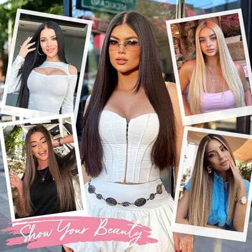 Clip in Synthetic Hair Extensions Black Long Straight 4PCS Thick Hairpiecesx Fiber Double Weft Natural Hair Extensions 22 Inch for Women