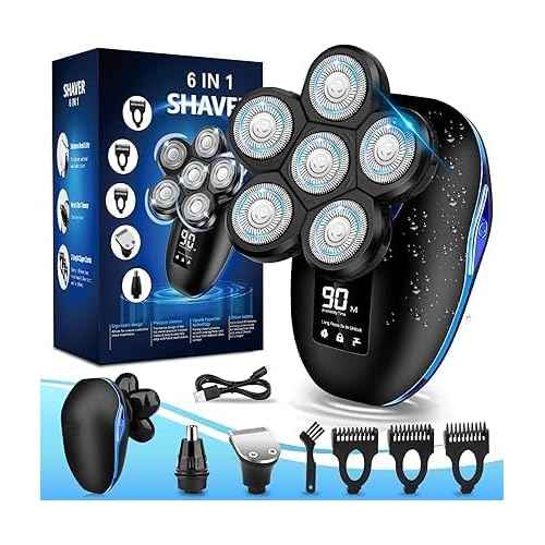 Head Shaver for Bald Men, 6-in-1 Electric Shaver for Bald Head 6D Wet/Dry Waterproof Mens Electric Razor Head Shavers with Grooming Kit Cordless Rechargeable Face Head Shaving Rotary Shavers Blue