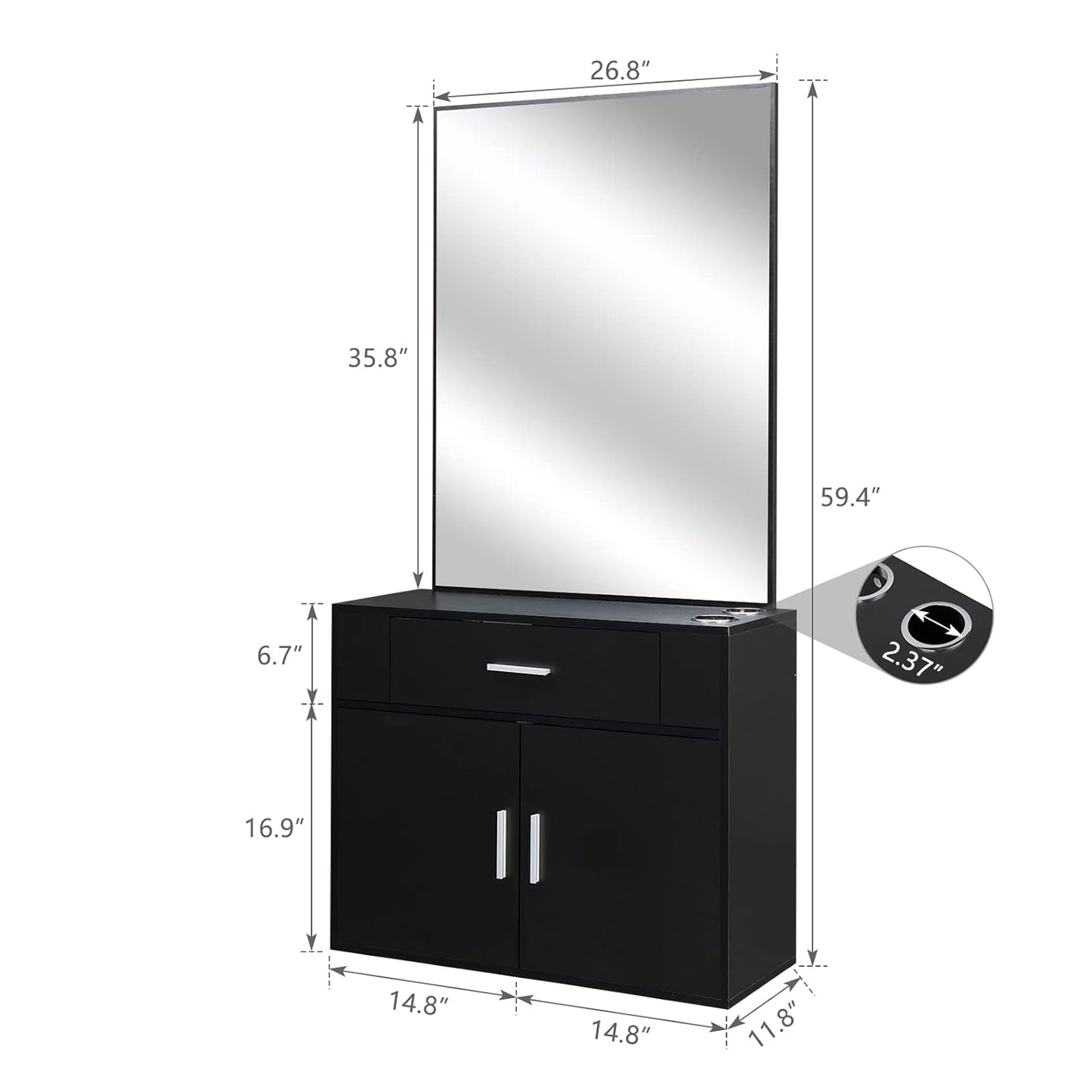 Wall Mount Salon Station - Stylish Barber Station with Mirror, Storage Cabinet & 2 Hair Dryer Holders | Black