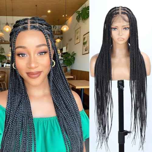 36 inch Single Full Lace Braided Wigs for Black Women, 360 HD Lace Knotless Box Braid Wigs with Baby Hair Black Synthetic Braid Wig