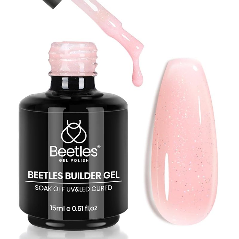 Beetles Builder Gel for Nails-Starlit Nude 8 in 1 Nail Thickening Strengthening Building Apex for Beginner DIY Salon at Home,Shimmer Pink Builder Nail Gel,UV & LED Lamp Cured Needed
