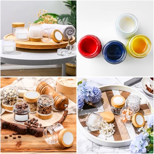 Layhit 36 Pcs 2oz Glass Jars with Lids Clear Small Jars with Plastic Woodgrain Lids, White Labels and Inner Liners Empty Round Cosmetic Containers for Creams Lotions Candle Making (2oz/ 60ml)