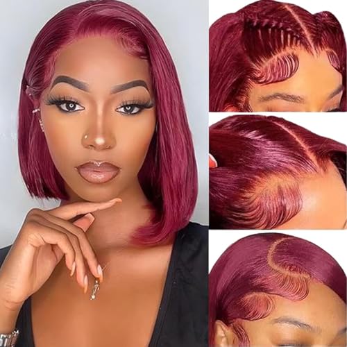 99J Burgundy Bob Wig Human Hair 4x4 HD Lace Front Human Hair Pre Plucked Pre Cut 180% Density Short Bob Glueless Straight Wigs for Black Women 16 Inch