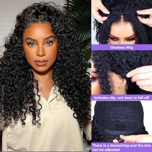 Deep Wave Half Wig Human Hair 200% Density Wear Go Glueless Wigs Human Hair 18 Inch Curly 3 In 1 Half Wigs for Women Drawstring Seamless Flip Headband Wig Beginner Friendly