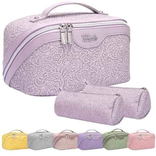 BOYATU Travel Makeup Bags Cosmetic Organizer Bag: 3-Set Large Capacity Make up Bag - PU Leather Toiletry Bags for Women - Wide Open Portable Pouch with Divider & Handle (02-Z-Violet)
