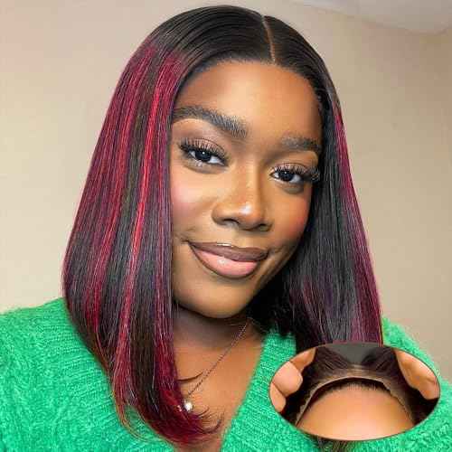 Highlight Burgundy Lace Front Bob Wig Human Hair for Black Women 5X5 Highlights 1bRed Lace Front Straight Bob Cut Wigs Glueless Unprocessed Brazilian Virgin Hair