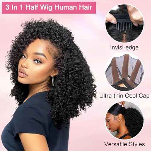 Curly Half Wig Human Hair Wear and Go Glueless Wigs Human Hair 200% Density Kinky Curly 3 In 1 Half Wigs for Women Drawstring Seamless Flip Headband Wig Beginner Friendly 22 Inch