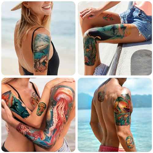 46 Temporary Tattoo for Men Women, 8 Full Arm Shark Dolphin Fake Tattoos, 8 Half Arm Ocean Fish Fake Tattoos, 30 Tiny for Adults Kids Body Tattoos Stickers Waterproof Realistic