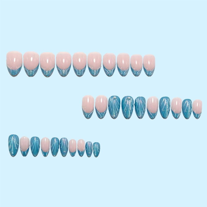30Pcs Short Almond Press on Nails 3D Blue French Tip Fake Nails with Aurora Glitter Designs Ocean Press on False Nails Pearl Acrylic Nail Full Cover Artificial Stick on Nail for Women