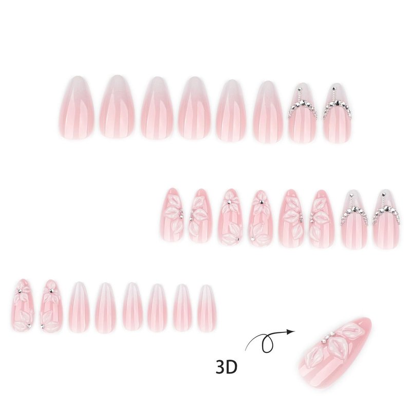 Almond Press on Nails Medium MABKJLF French Tip Fake Nails Ombre Handmade False Nails with 3D Floral Rhinestones Designs White Glossy Glue on Nail Elegant Acrylic Nails for Women Girls 24Pcs