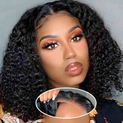 ISWEET HD Glueless Wigs Human Hair Pre Plucked Pre Cut Bob 4x4, 10 Inch #1B Natural Black 210% Density Hairline Curly Bob Wig Human Hair, Wear and Go Deep Wave Lace Front Wigs for Black Women