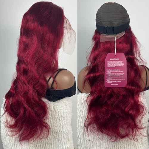 SWEETGIRL 13x6 Burgundy Lace Front Wigs Human Hair Body Wave Lace Front Wigs Pre Plucked 99j HD Lace Frontal Wigs Human Hair Wig for Women 180 Density Red Wig 20 Inch