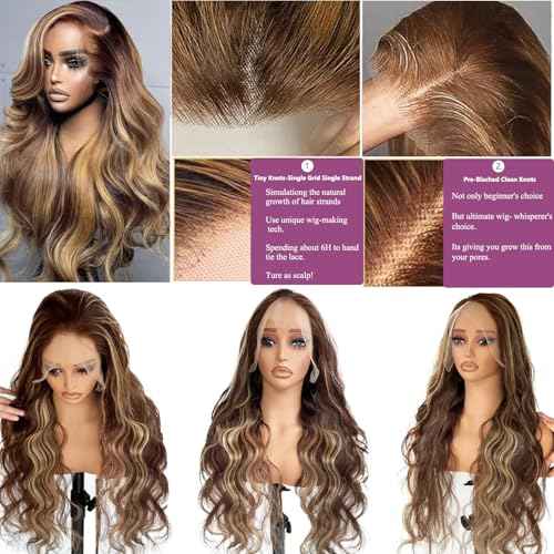 Ombre Balayage Honey Blonde Highlight Wig Human Hair, Body Wave 13x6 Lace Front Wigs Human Hair 24 Inch Brown to Blonde Highlights Glueless Lace Front Wigs Pre Plucked Human Hair Wigs for Women