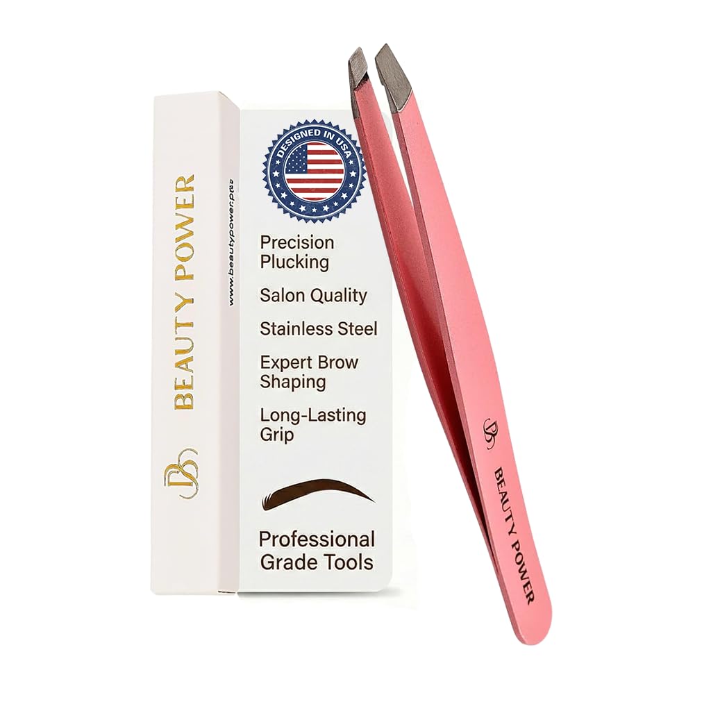 Beauty Power Slant Tip Precision Tweezers - Stainless Steel Eyebrow Tweezers for Women & Men - Precision Tweezers for Facial Hair, Ingrown Hair & Brow Shaping - Professional Beauty Tool (Pink)