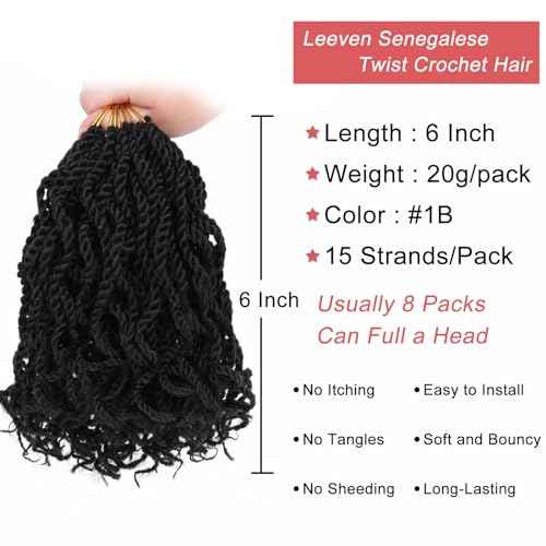 Leeven 6 Inch Senegalese Twist Crochet Hair with Curly Ends, 8 Packs Black Pre Looped 2 Strand Short Twist Hair, Wavy Small Hanava Twist, Synthetic Crochet Braids for Women Girl Kids