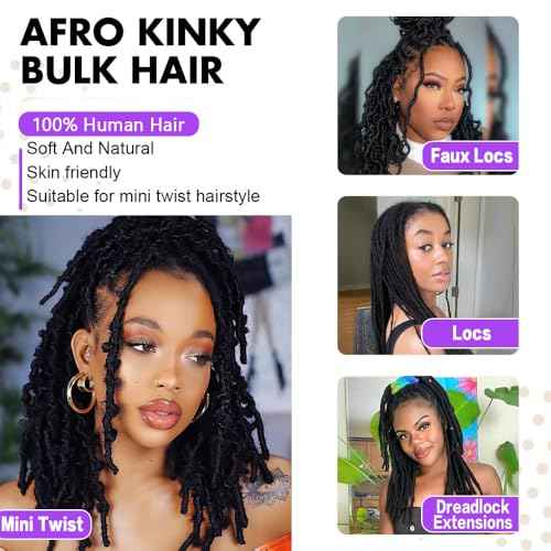 Afro Kinkys Bulk Human Hair for Dreadlocks Extensions and Locs Repair 1 Pack 50 Gram Natural Black Color Afro Kinky Curly Human Hair Bulk for Twist (Black, 22 Inch)