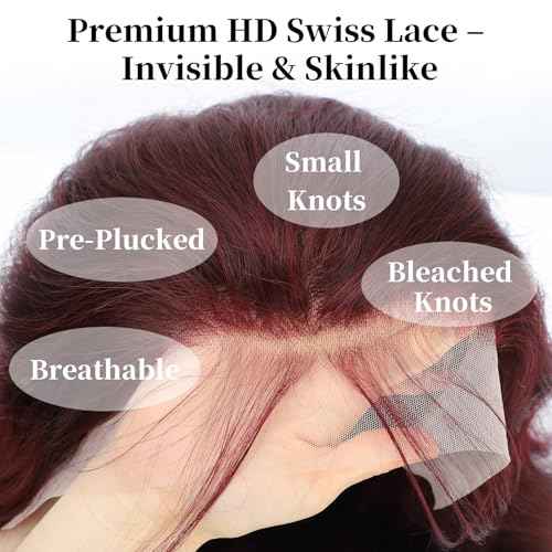 99j Burgundy Lace Front Wigs Human Hair Pre Plucked 20 Inch Long, Body Wave HD Lace Frontal Wig 13x6 Full Lace Frontal 99j Black Cherry Red Wigs, 12A 100% Real Brazilian Wigs Human Hair 180 Density