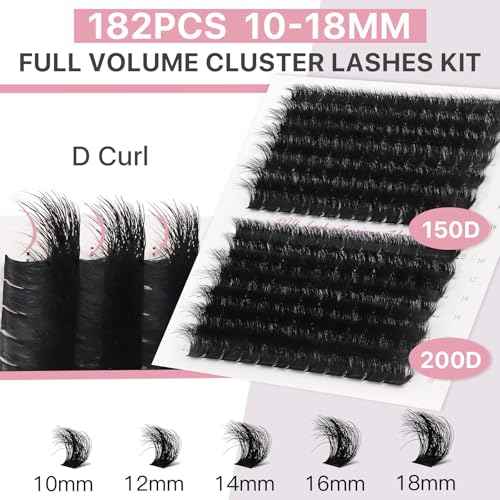 Fluffy Lash Extension Kit 182Pcs Thick Eyelash Extension Kit 10-18mm Volume Cluster Lashes Set with Bond and Seal Tweezers Cluster Remover (150D&200D Kit)
